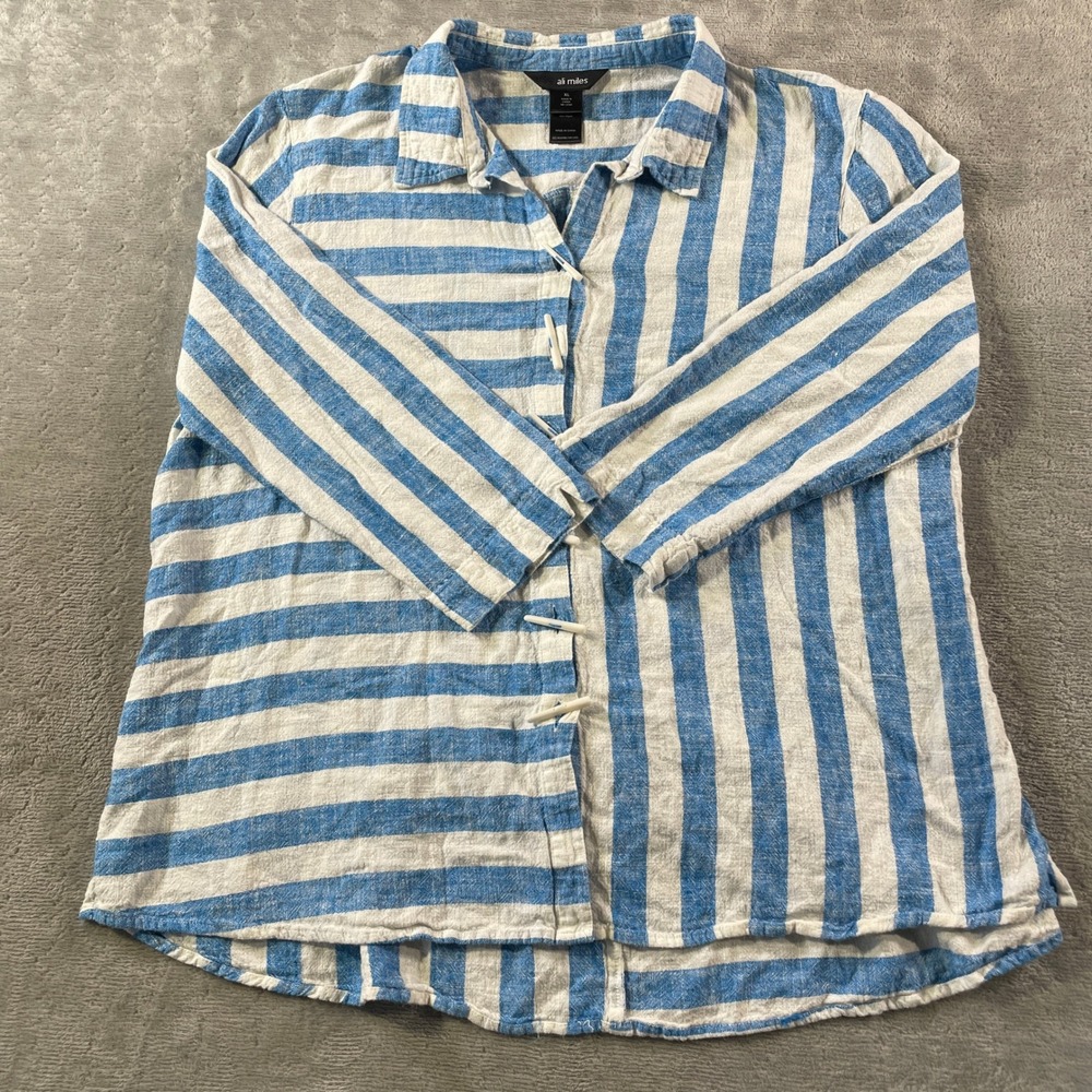 Ali Miles Linen Shirt Womens XL Blue White Striped Toggle Button‎ Back Zip Beach